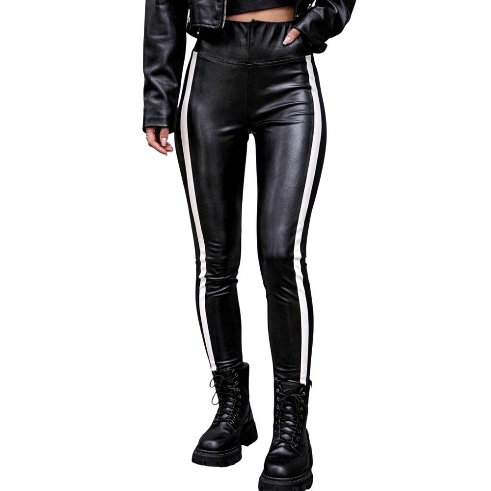 SPANX Faux Leather Leggings Black with White Side Stripe High Rise S